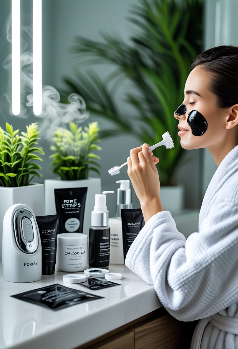 A person in a white bathrobe applying a blackhead removal mask on their nose at a clean bathroom countertop with skincare products and a facial steamer.